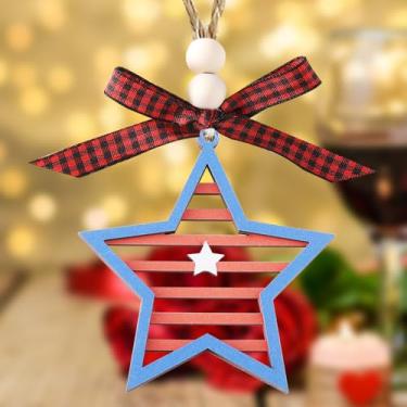 Imagem de Ornamento de bandeira americana listrado, estrela, vermelho, branco, azul, vazado, enfeite de 2 camadas, enfeite para janela, jardim, decoração de casa
