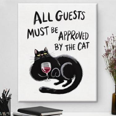 Imagem de Decoração engraçada de arte de parede de gato All Guests Must Be Approved Impressão em tela pintura emoldurada para decoração de sala de estar em casa, decoração de quarto de hóspedes, presentes para
