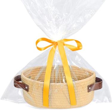 Imagem de Cesta pequena de tecido com saco de presente e fita, pequena cesta de armazenamento, mini cesta, linda cesta de tecido de corda de algodão, cesta de prateleira, cesta decorativa boho, cesta de