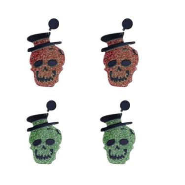Imagem de 2 pares de brincos femininos com pingente de caveira de fantasma, gótico, acrílico, verde, vermelho, crânio, Halloween, férias, cosplay, joias, presentes, Medium, Acrílico, Sem pedra preciosa