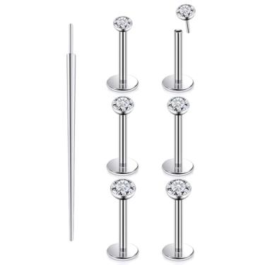 Imagem de 20G 18G 16G Anéis de lábio de costas planas brincos de aço cirúrgico sem rosca Push in Tragus Labret cartilagem hélice lábio medusa concha piercing de nariz joias para mulheres e homens, pedra