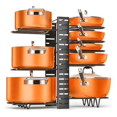 Imagem de Organizador de Panelas e Frigideiras Ajustável 8 Camadas – Suporte para Tampas, Bancadas e Armários de Cozinha, Estrutura Resistente e Regulável