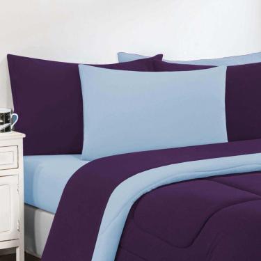 Imagem de Kit Edredom Jogo De Lençol Malha 100% Algodão Gran Moratta 7 Peças Queen Roxo -azul Bebê