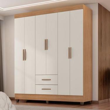 Imagem de Guarda-Roupa Casal Grande 6 Portas com Gaveteiro, Cabideiro e Prateleiras (Nature/Off)