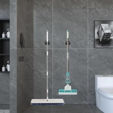 Imagem de Suporte de vassoura e esfregão, pacote com 3, rack de ferramentas de jardim de aço inoxidável resistente para ancinho, pá, organizador utilitário montável na parede com parafusos, preto fosco