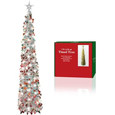 Imagem de Árvore de Natal pop-up de 1,8 m com 2 modos, 50 luzes LED e enfeites de lantejoulas coloridas, fácil de montar e armazenar para decoração de Natal, casa, feriado, lareira e festa