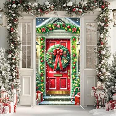Imagem de BlissYard Capa de porta de Natal para porta vermelha festiva de 89 x 188 cm com guirlanda e faixa de porta de tecido de poliéster de neve para decoração clássica de entrada de casa, pano de fundo para