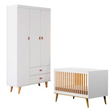 Imagem de Berço Americano Ligia Com Guarda Roupa 3 Portas Duda Branco Acetinado Bétula – Carolina Móveis