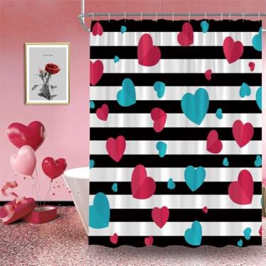 Imagem de DSMEUE Cortina de chuveiro para dia dos namorados, decoração de coração azul vermelho para banheiro, cortina de tecido moderno listrado preto e branco com ganchos, 187 x 177 cm