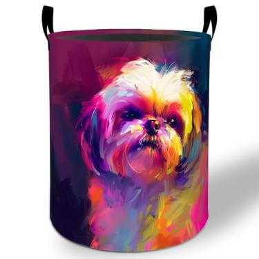 Imagem de Cesta de roupa suja colorida Shih Tzu para cães, 50 x 40 cm, balde de armazenamento de roupas Oxford dobrável à prova d'água para quarto, banheiro, quarto, berçário, organizador de brinquedos