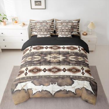 Imagem de Feelyou Conjunto de edredom Queen asteca ocidental com estampa de vaca de vaca vintage animal retrô 7 peças, estilo boho, rústico, casa de fazenda, cama em uma bolsa, decoração de quarto geométrico