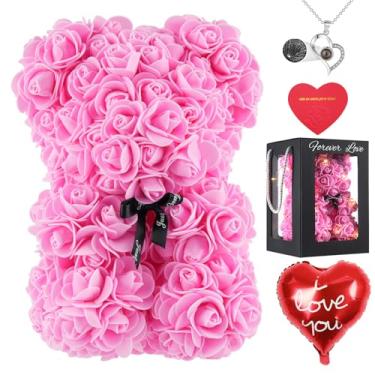 Imagem de MACTING Urso Rosa Para Mulheres Urso De Pelúcia Flor Rosa Com Caixa Eu Te Amo Colar Cartão De Luz Balão Para Dia Das Mães Aniversário Dia Dos Namorados Presente (10")