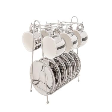 Imagem de Conjunto De Xícara De Café 6 Peças De Porcelana Com Suporte Versa Prata-branco 90 Ml Wolff