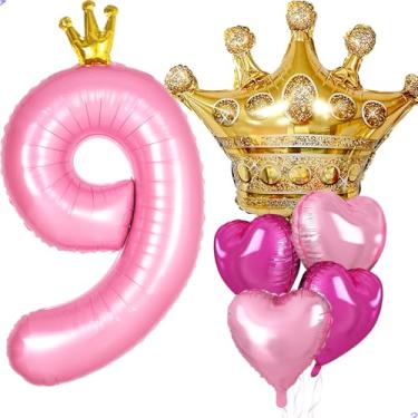 Imagem de Decorações de festa de 9 anos de princesa, coroa rosa grande de 101,6 cm, 9 balões para meninas, decorações de aniversário de princesa real, lembrancinhas de festa, aniversários (balão de aniversário