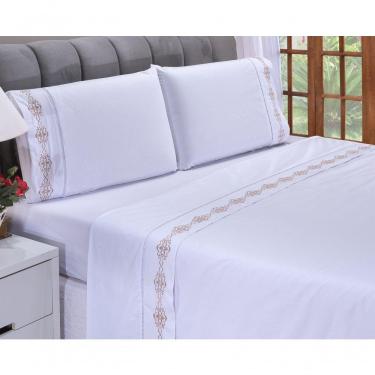 Imagem de Jogo Lençol Diamante Quarto Casal Queen Bordado 4 Peças 2fronha Cor: Branco Com Caqui