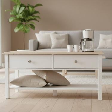 Imagem de Mesa de Centro 2 Gavetas 100cm Tampo de Madeira Maciça Escovada Louise Branco / Patina
