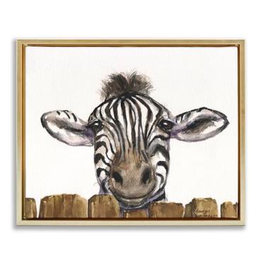 Imagem de Stupell Industries Linda arte de parede em tela flutuante cinza com zebra acima da cerca, design de George Dyachenko, 63 x 78 cm