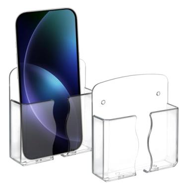 Imagem de Suporte de telefone montado na parede, organizador de cabeceira, suporte de controle remoto, transparente, suporte de celular autoadesivo com orifício de carregamento compatível com a maioria dos