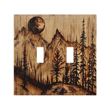 Imagem de DWBGUO Capa decorativa de placa de interruptor com placa de madeira marrom esculpida com paisagem de floresta de montanha, placa de parede de 2 gangues, exclusivo interruptor duplo de interruptor de