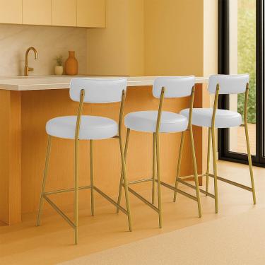 Imagem de Banqueta Cozinha Média com Encosto Industrial Dourado Kit 3 Londres PU Branco D03 - D'Rossi