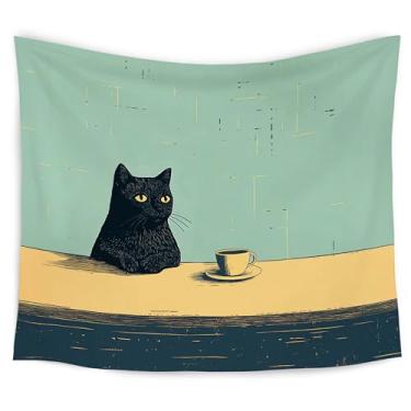 Imagem de WARDOS Tapeçaria de gato preto fofo, tapeçaria estética de pintura de gato preto para decoração de casa, quarto, sala de estar, escritório, arte de parede vintage para cafeteria, 127 x 152 cm