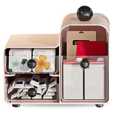 Imagem de Caixa organizadora de saquinhos de chá com 3 gavetas, baú compacta para cozinha, despensa, bancada, suporte bonito e elegante em branco creme e rosa cerejeira (flor de cerejeira)