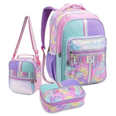 Imagem de Kit Material Escolar Mochila Estojo Lancheira Glitter Menina Tendência Feminina Organização Ensino