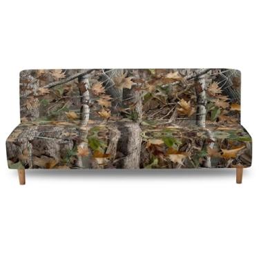 Imagem de NETILGEN Capa de futon sem braços para sala de estar em casa, sofá-cama, com faixas elásticas, capa de sofá de alta elasticidade, lavável à máquina, folha de carvalho, camuflagem, caça