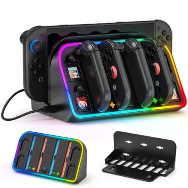 Imagem de Tendak Wall Mount for Nintendo Switch 2, Switch Wall Mount with 4 Joy Con Charger Ports and 7 RGB Modes Light, RGB Joy Con Charger Dock Station with 4 Game Card Storage