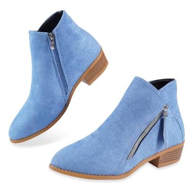 Imagem de YOUNIFIZ Caneca feminina bico fino camurça sintética salto empilhado bota ocidental tornozelo, Azul, 40