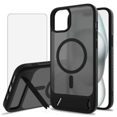 Imagem de Asuwish Capa de celular para iPhone 15 Plus de 6,7 polegadas, compatível com Magsafe Magnetic, protetor de tela de vidro temperado, suporte dobrável à prova de choque, capa protetora para celular i