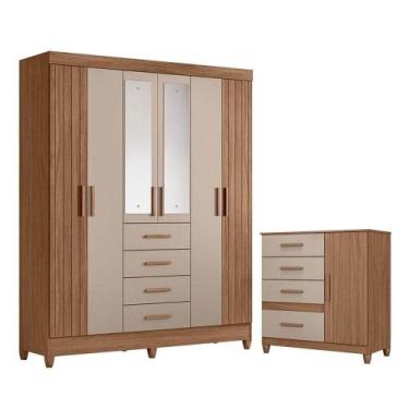 Imagem de Guarda Roupa Solteiro Aruba Com Espelho E Cômoda Vênus Com Pés Carvalh