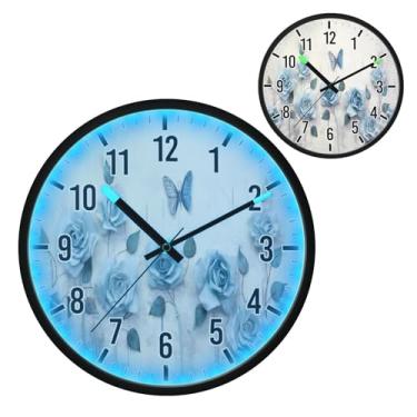 Imagem de Relógio de parede LED que brilha no escuro e ativado por voz, design silencioso de rosas azuis de 30,5 cm, operado por bateria para decoração de quarto e sala de estar (237)