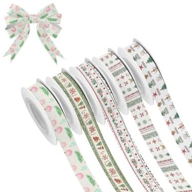 Imagem de SEHANY 5 rolos de fita de Natal 0,59 polegadas 5 jardas fitas de tecido de árvore de Natal fitas de cetim festivas fitas decorativas de Natal para embrulho de presente faça você mesmo artesanato