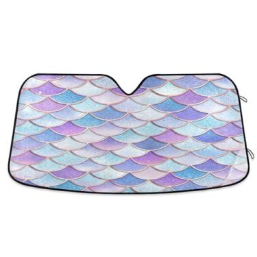 Imagem de ATTX Escamas de sereia coloridas para para-brisas de carro 139.7 cm x 70.1 cm Protetor solar universal com proteção UV, persiana de janela frontal automática dobrável para caminhões Sedans SUVs #79