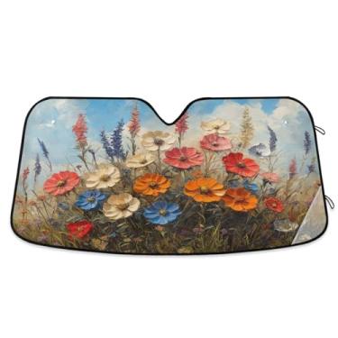 Imagem de ATTX Flores silvestres pintura a óleo pára-brisa carro 134.6 cm x 59.7 cm escudo solar universal com proteção UV, persiana de janela frontal automática dobrável para sedãs SUVs caminhões #374
