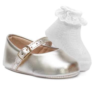 Imagem de Kit Sapatinho Bebe Menina Boneca + Meia Infantil Festa Batizado K53 (Dourado, BR, Bebê, Alfa, M)