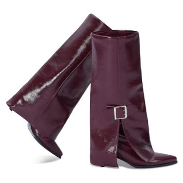 Imagem de Zeuhzih Botas de cano alto femininas, botas de tubarão dobráveis, bico fino, salto gatinho, panturrilha larga, estilo urbano minimalista, botas de couro sintético para outono e inverno, fivela