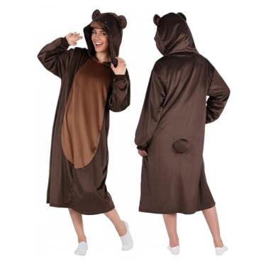 Imagem de ROC PARTY Fantasia de urso com capuz para mulheres – Pelúcia, ajuste solto e relaxado com capuz e cauda, pijama aconchegante para festa de Halloween, cosplay e loungwear (urso marrom, pequeno)