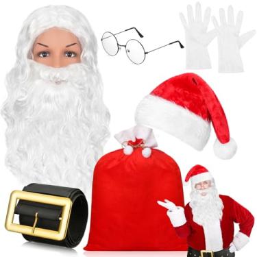 Imagem de Yuxung Conjunto de 7 peças de acessórios de fantasia de Papai Noel de Natal - cinto de Papai Noel, bolsa, peruca de barba, luvas, chapéu de Natal, óculos para adultos