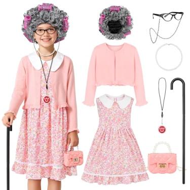 Imagem de AOTHSO 8 peças 100 dias de escola vestido de senhora cardigã fantasia com acessórios peruca óculos bengala para avó cosplay, rosa, 8-10 Years