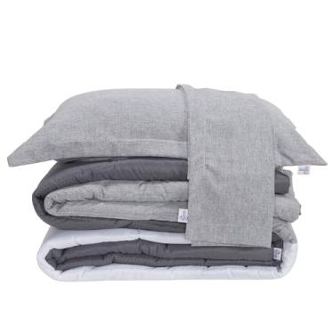 Imagem de Kit Edredom Casal Queen Colorful 7 Peças, Dupla Face Linho e Hipercal 400 Fios, 2,40x2,20m, com Fronhas, Capas de Almofada e Porta Travesseiros (Cinza)