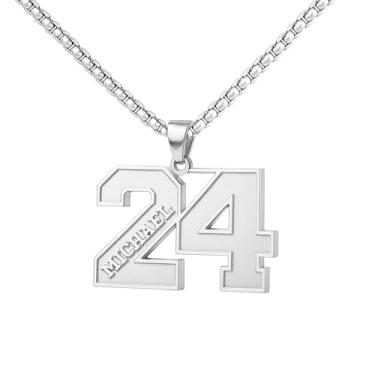 Imagem de Ldurian Colar com nome de número personalizado, pingente de corrente de número esportivo para homens, colares de nome de atletas personalizados 00-99 preto presente de aço inoxidável para homens