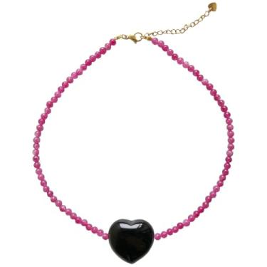 Imagem de MEVOME Colar com pingente de coração grosso com contas de pedra natural, banhado a ouro 18K, pedra preciosa, pêssego, coração, gargantilha feminina, joia para presente de aniversário, Natal, Ano Novo