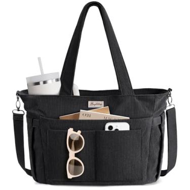 Imagem de Bolsa feminina de veludo cotelê, 17 bolsos, leve, transversal, bíblia, enfermeira, para uso diário, escola, viagem, academia, Preto