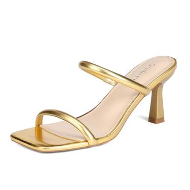 Imagem de Goderci Salto gatinho feminino com duas tiras mules meio quadrado aberto sandália de salto sem cadarço, Dourado, 38