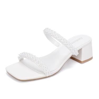 Imagem de Goderci Sandália feminina de salto baixo com bloco grosso, duas tiras, bico aberto, sem cadarço, salto mule, Pérola branca, 35