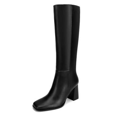 Imagem de Goderci Botas de cano alto femininas de couro sintético, bico quadrado, botas longas e altas com zíper lateral, Preto, 40