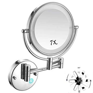 Imagem de Espelho de maquiagem montado na parede com luzes e ampliação de 7x, espelho de ampliação dupla face de 20 cm para banheiro, rotação 360 - para maquiagem, cuidados faciais