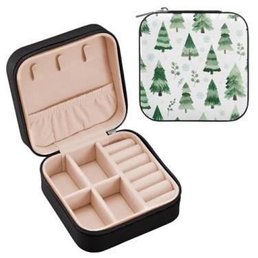 Imagem de Wassud Estojo de joias de viagem de pinheiro em aquarela para mulheres, meninas, senhoras, noiva, mini organizador de joias de couro PU, caixa quadrada de armazenamento de joias para brincos, anéis